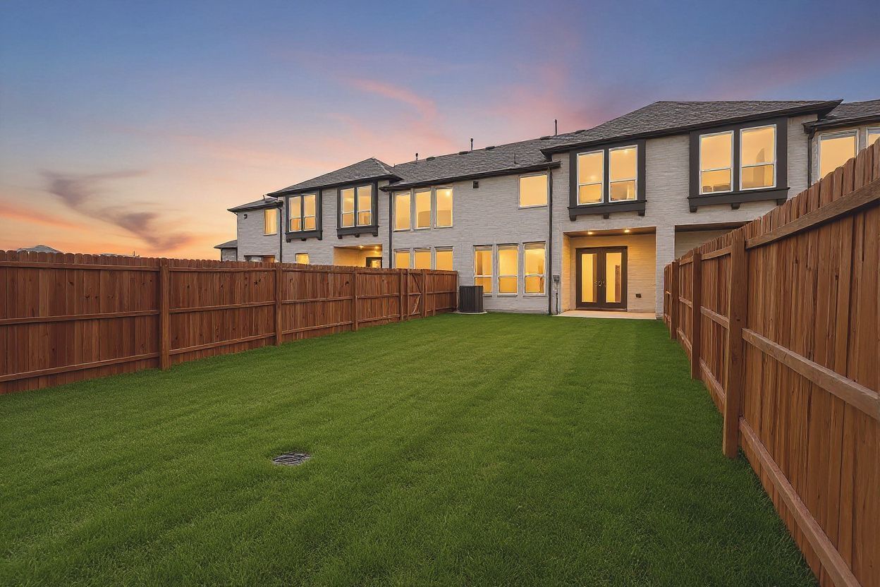 Green backyard at twilight with warm lit windows and a pink and blue sunset sky.