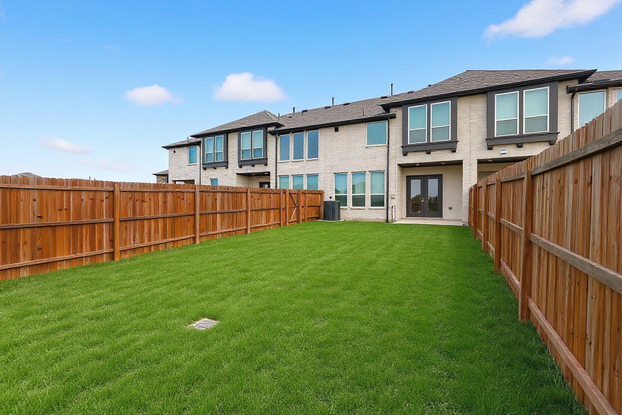 Fully fenced green backyard at ground level, wood privacy fence on both sides and the rear of the townhome row beyond.